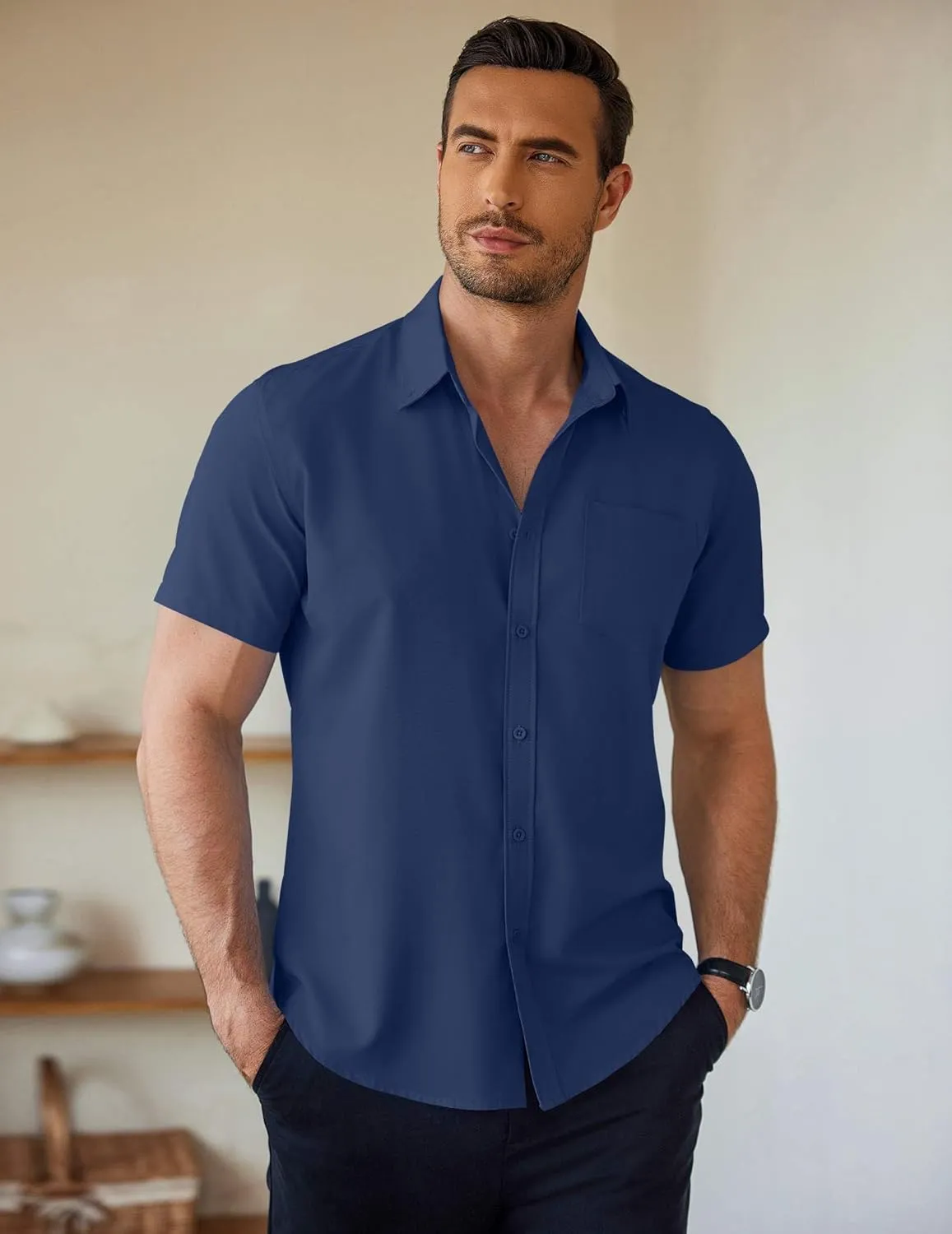 COOFANDY Men's Short Sleeve Button Down Shirts Casual Summer Untucked Wrinkle Free Dress Shirts with Pocket