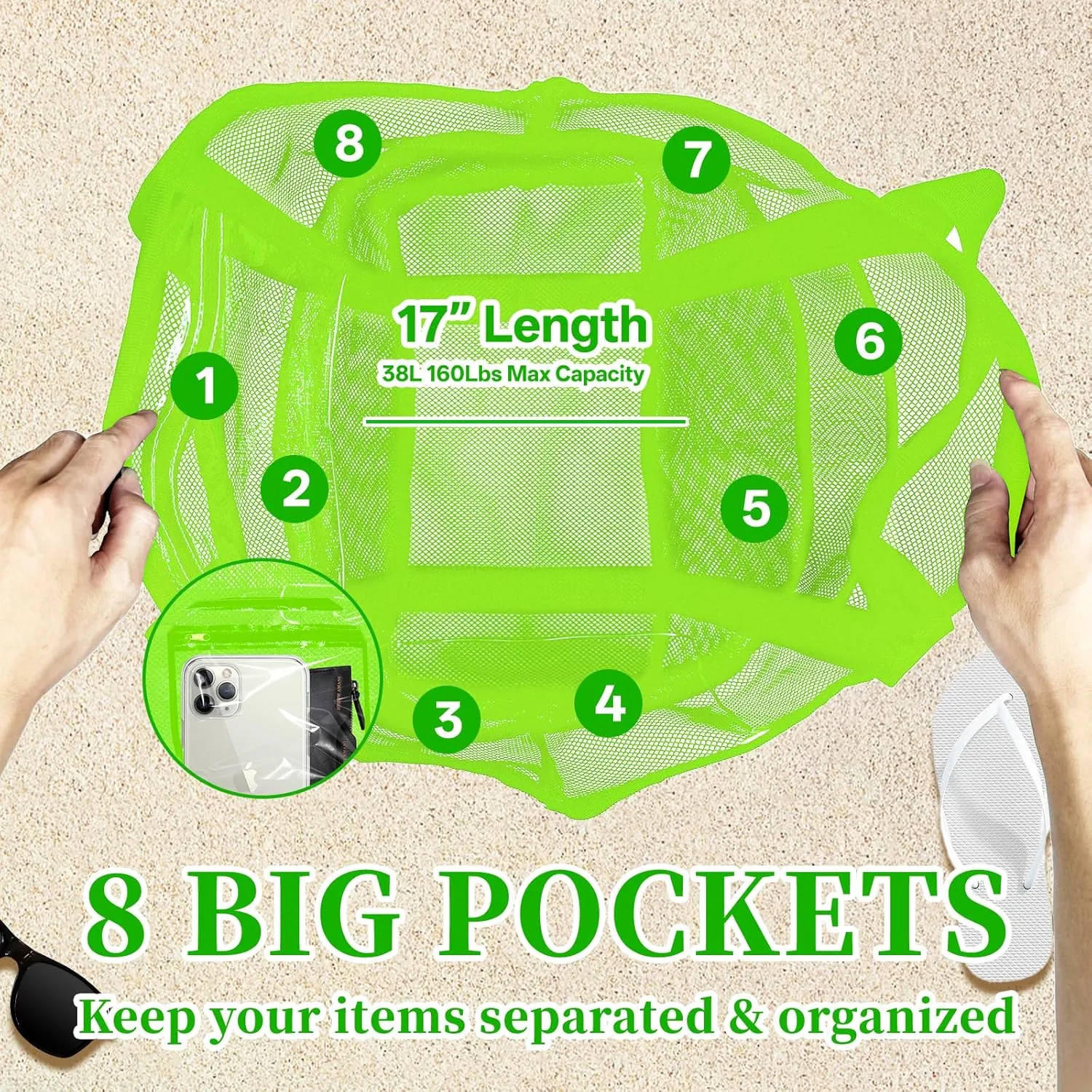 Large Mesh Beach Bag - Lightweight & Foldable Family Beach Bag with 9 Pockets for Toys, Towels & Vacation Essentials