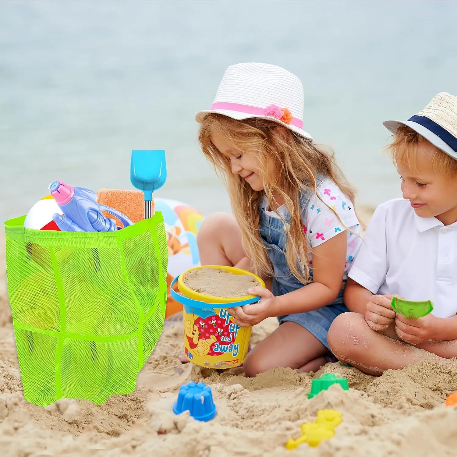Large Mesh Beach Bag - Lightweight & Foldable Family Beach Bag with 9 Pockets for Toys, Towels & Vacation Essentials