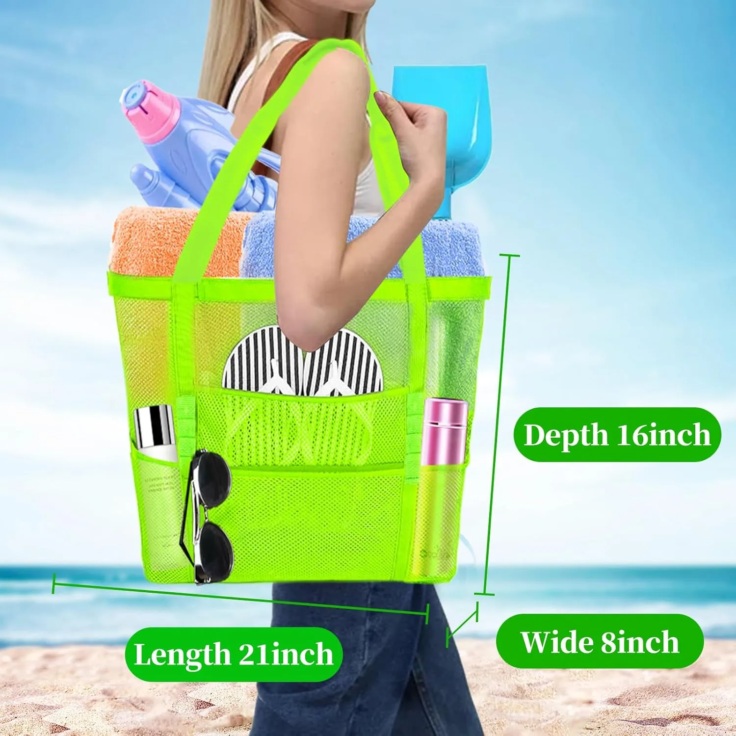 Large Mesh Beach Bag - Lightweight & Foldable Family Beach Bag with 9 Pockets for Toys, Towels & Vacation Essentials