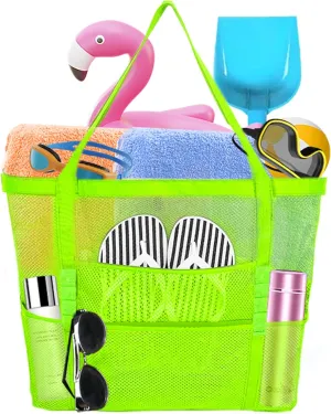 Large Mesh Beach Bag - Lightweight & Foldable Family Beach Bag with 9 Pockets for Toys, Towels & Vacation Essentials