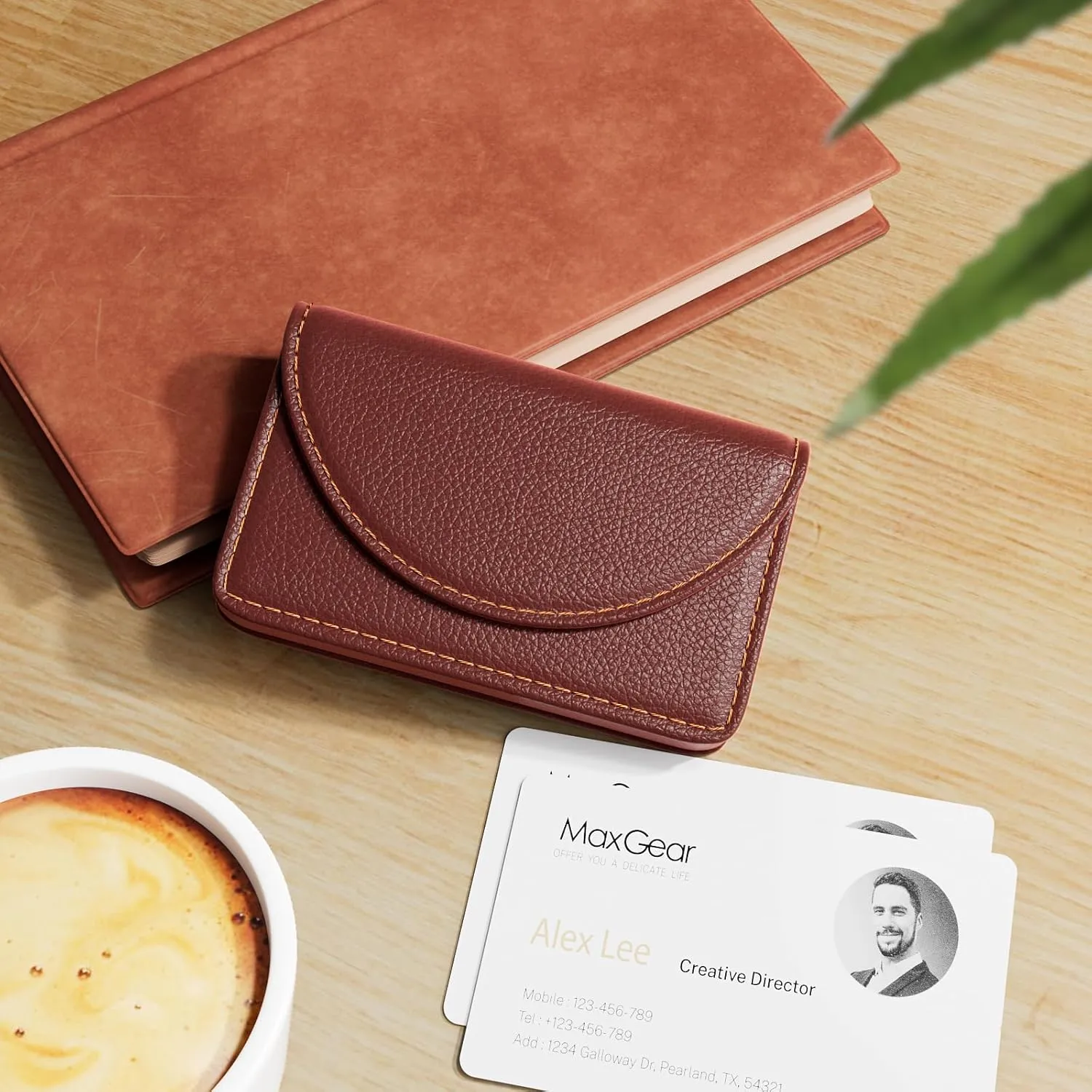 MaxGear Business Card Holder Case, PU Leather Business Card Case for Purse, Pocket Business Card Holders for Men or Women, Magnetic Travel Card Holder Wallet, Portable Business Card Carrier, Coffee