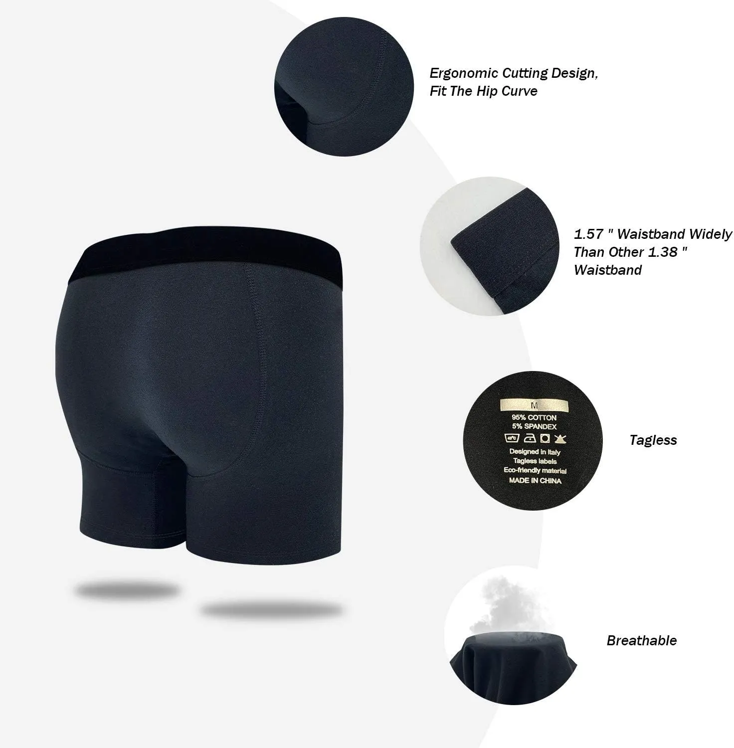 Mens Underwear Cotton Boxer Briefs Comfy Breathable 6" Underwear Tagless Wide Waistband Boxer Briefs Multipack