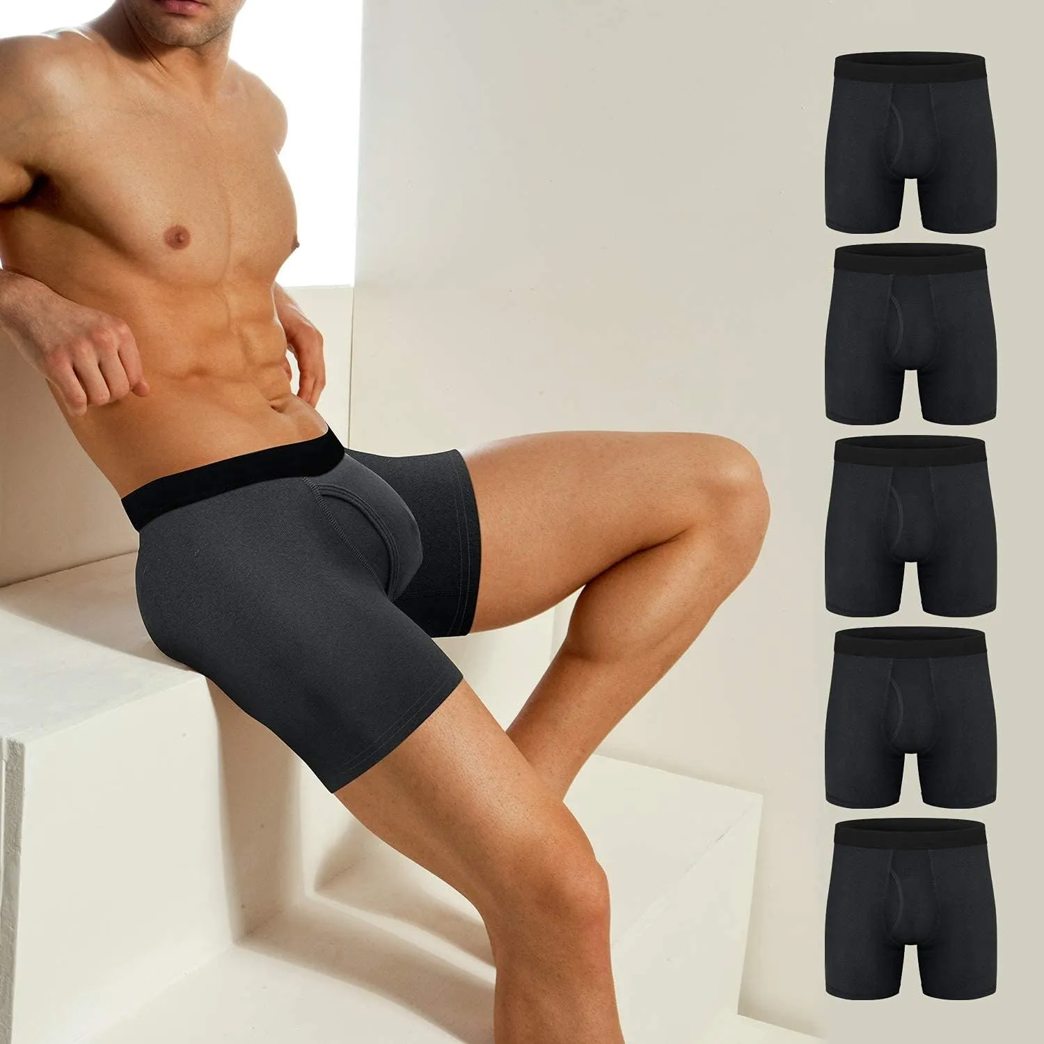 Mens Underwear Cotton Boxer Briefs Comfy Breathable 6" Underwear Tagless Wide Waistband Boxer Briefs Multipack