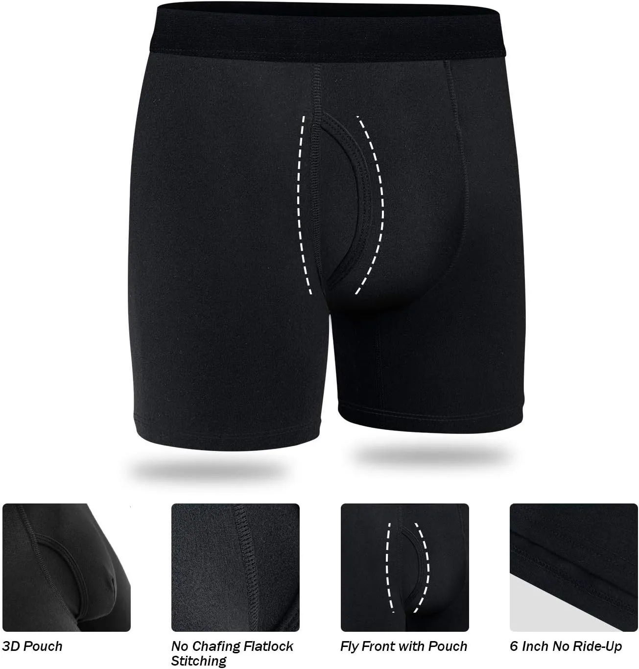 Mens Underwear Cotton Boxer Briefs Comfy Breathable 6" Underwear Tagless Wide Waistband Boxer Briefs Multipack