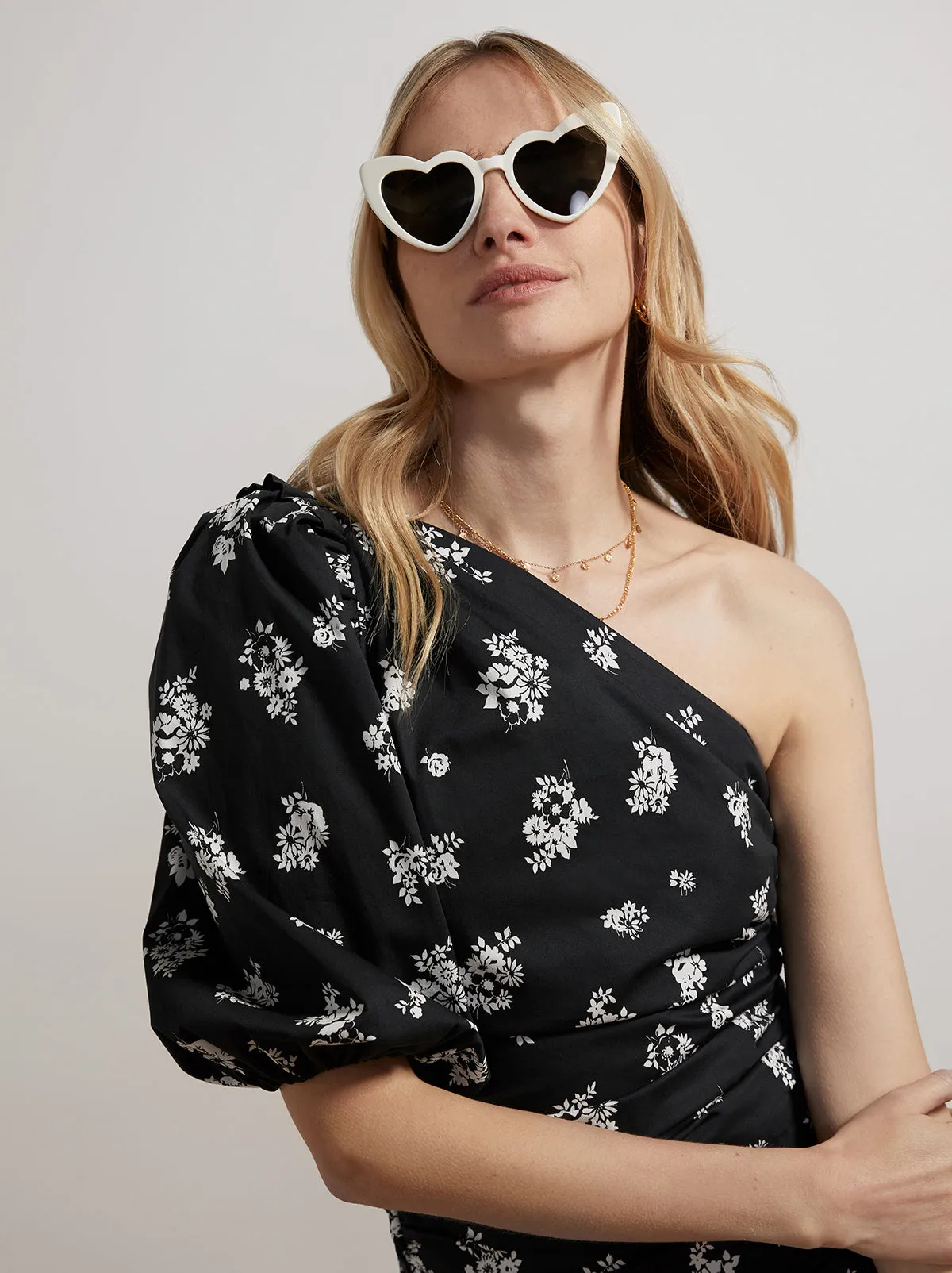 Morera Black Mono Floral One Shoulder Mini Dress