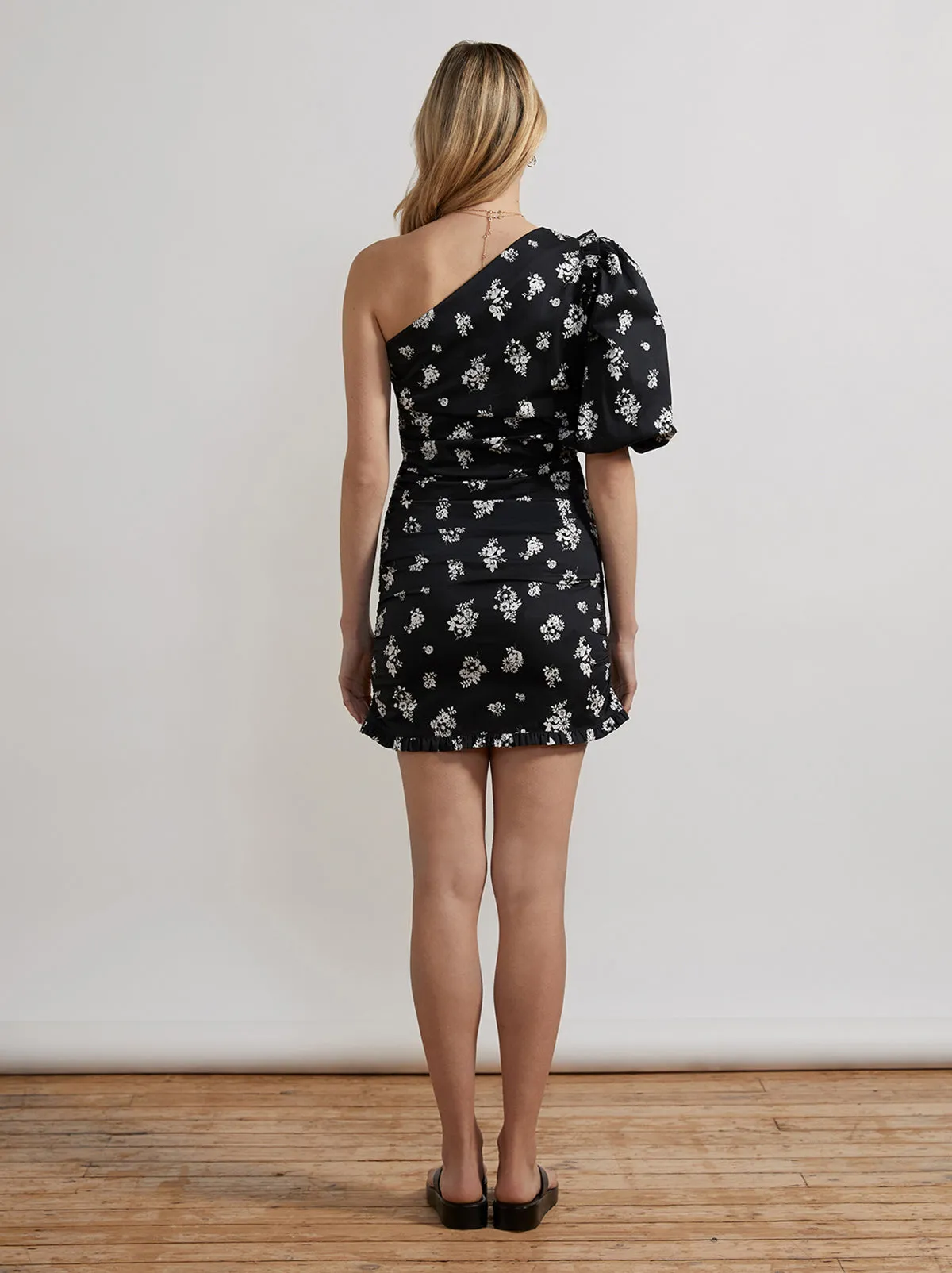 Morera Black Mono Floral One Shoulder Mini Dress