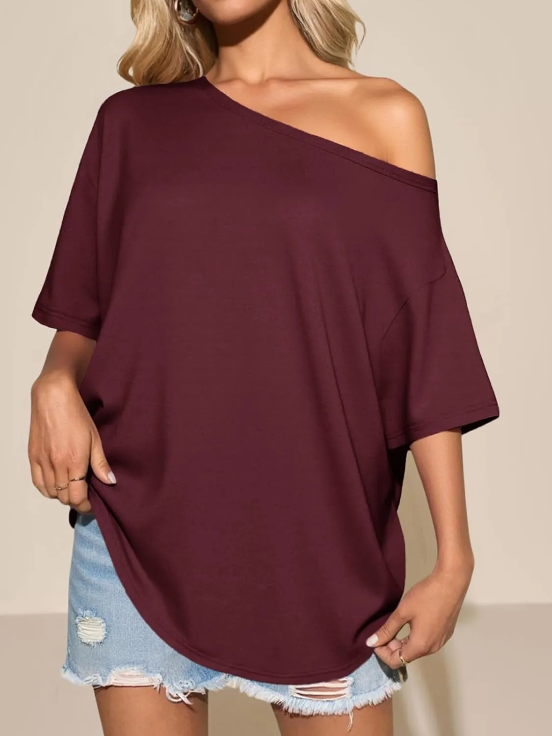 Tankaneo Womens Oversized Off The Shoulder T Shirt Cotton Short Sleeve Casual Tunic Tops Summer Loose Fit Flowy Tees