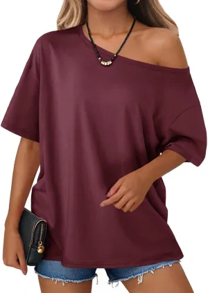 Tankaneo Womens Oversized Off The Shoulder T Shirt Cotton Short Sleeve Casual Tunic Tops Summer Loose Fit Flowy Tees