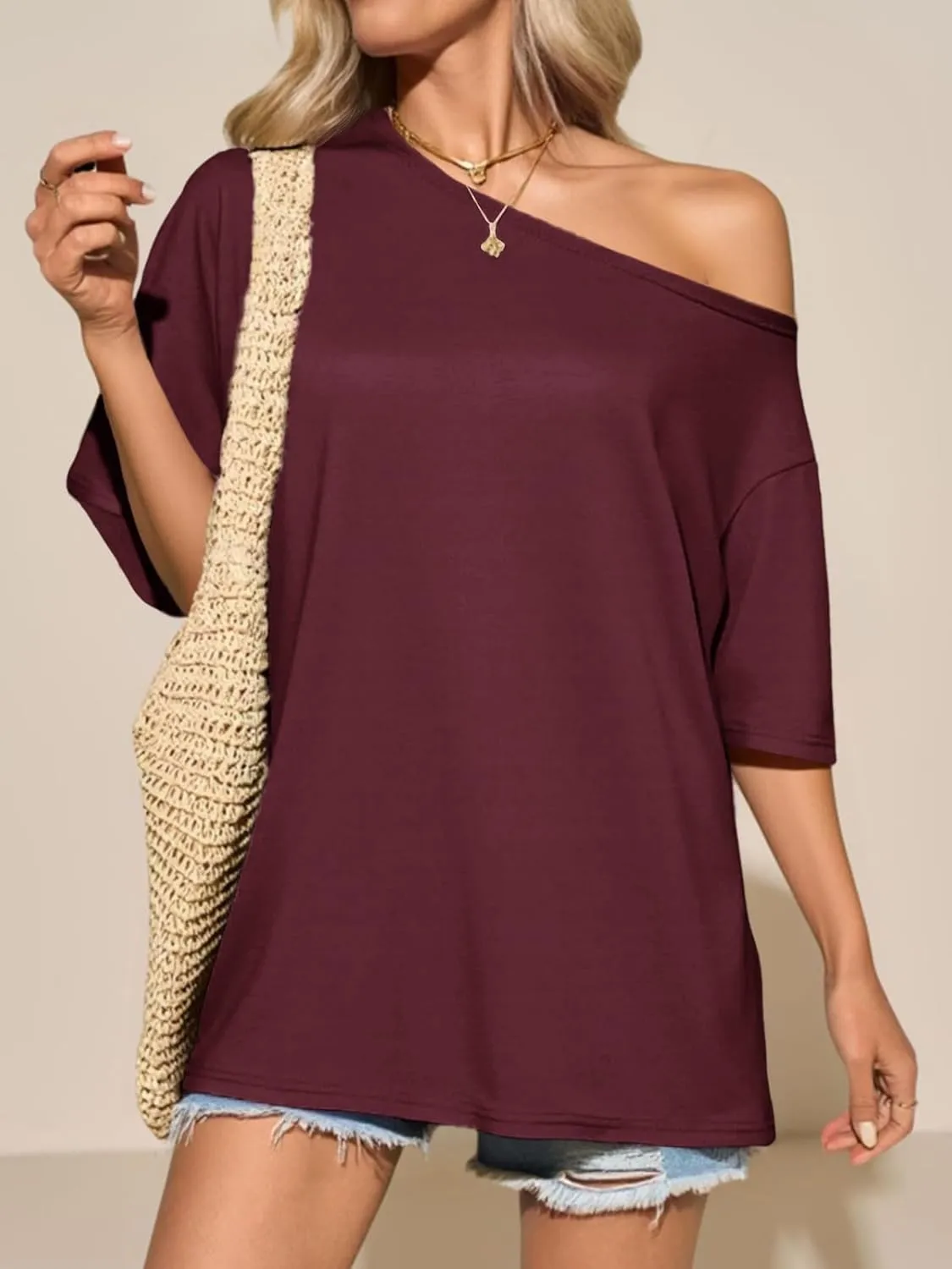Tankaneo Womens Oversized Off The Shoulder T Shirt Cotton Short Sleeve Casual Tunic Tops Summer Loose Fit Flowy Tees