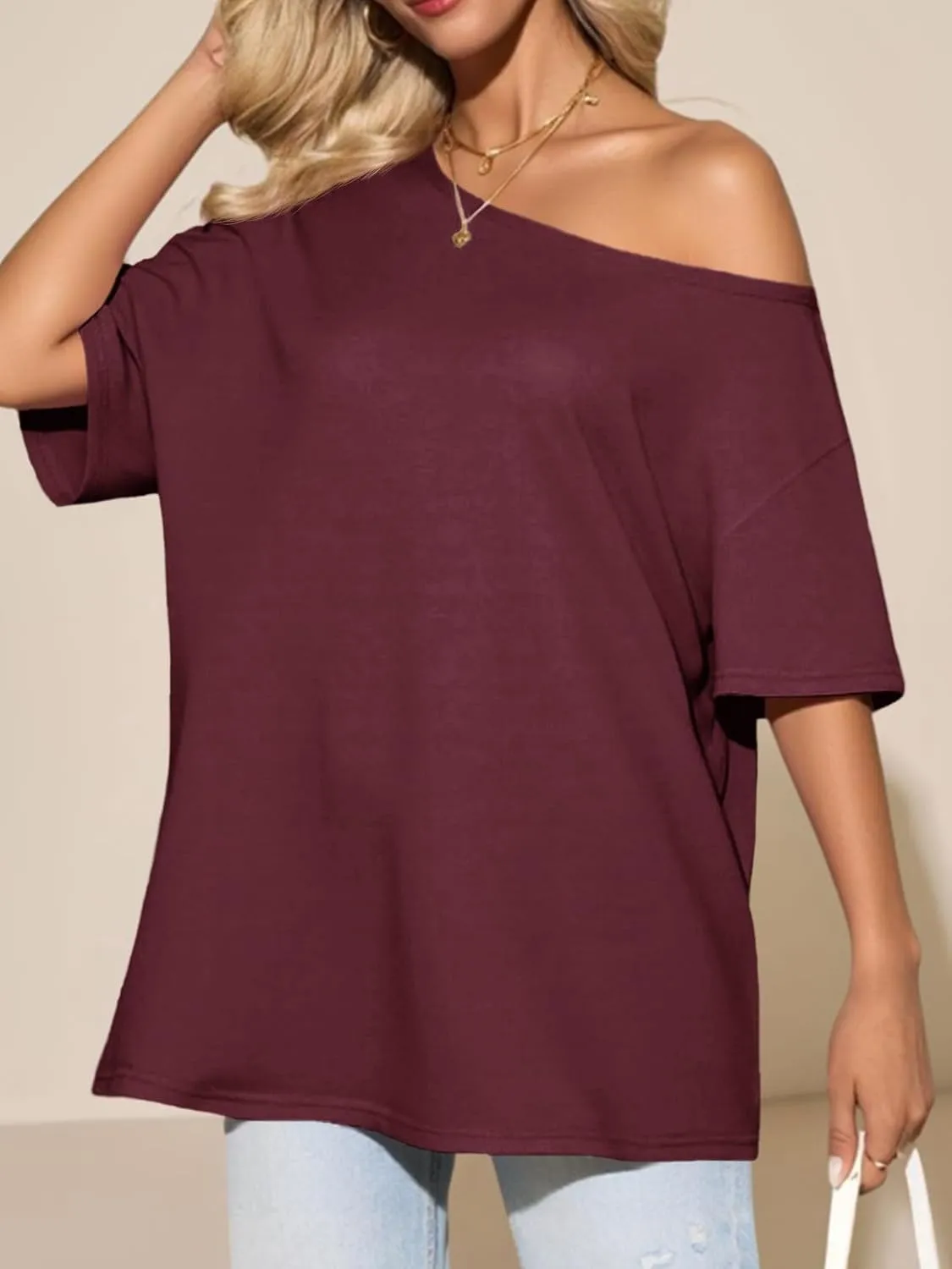 Tankaneo Womens Oversized Off The Shoulder T Shirt Cotton Short Sleeve Casual Tunic Tops Summer Loose Fit Flowy Tees