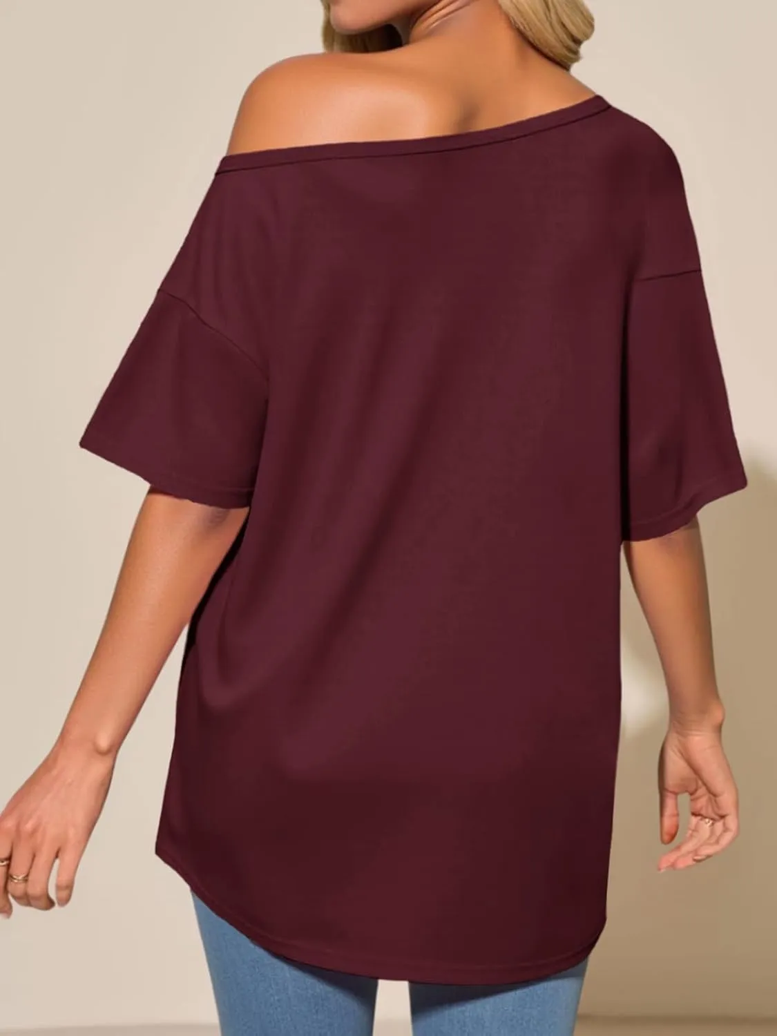 Tankaneo Womens Oversized Off The Shoulder T Shirt Cotton Short Sleeve Casual Tunic Tops Summer Loose Fit Flowy Tees