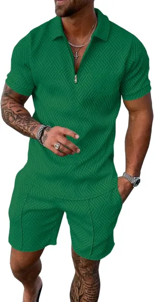 UOUA Mens Summer Track Suits 2 Piece Shorts Sets Short Sleeve Sweatsuit Outfits 1/4 Zip Golf Polo Shirts Loungewear