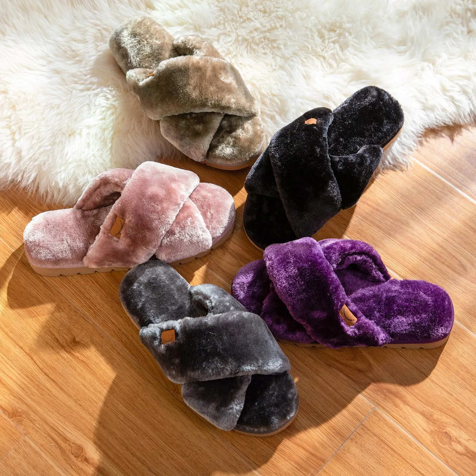 Women's Fluffy Faux Fur Cross Band Open-toe Slippers